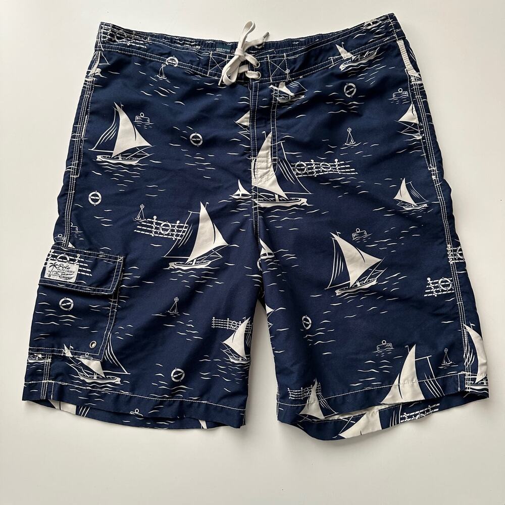Polo by‎ Ralph Lauren VTG 90s Nautical Navy White Sailboat Cargo Swim Trunks M